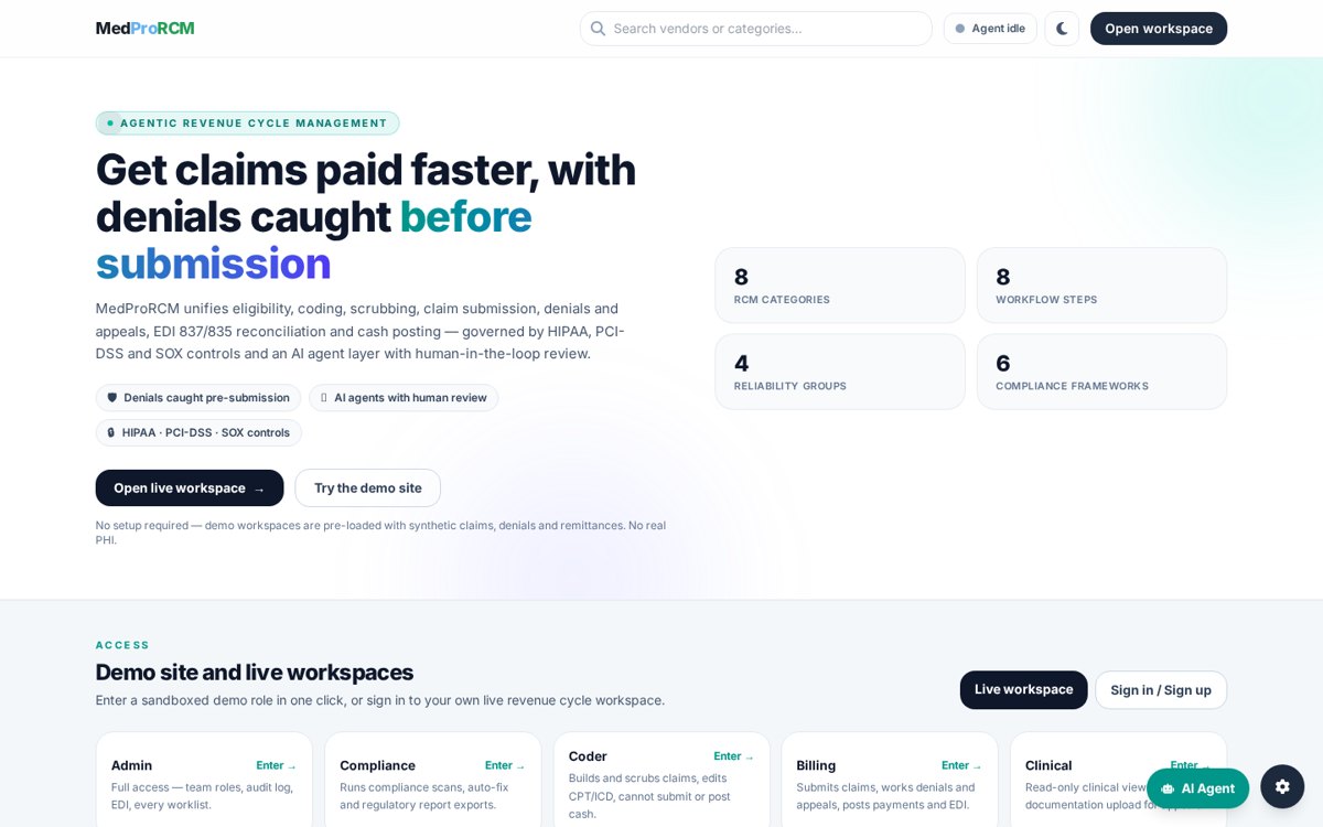 Screenshot of the live MedProRCM product