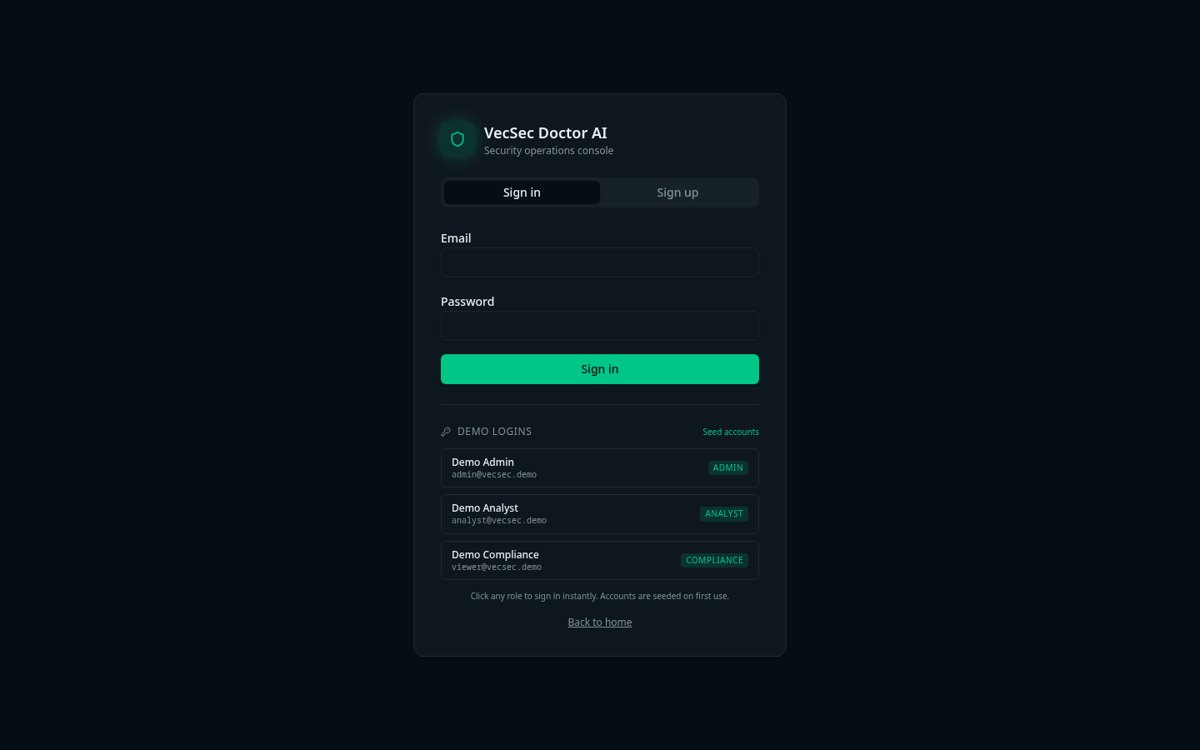 Screenshot of the live VecSec Doctor AI product