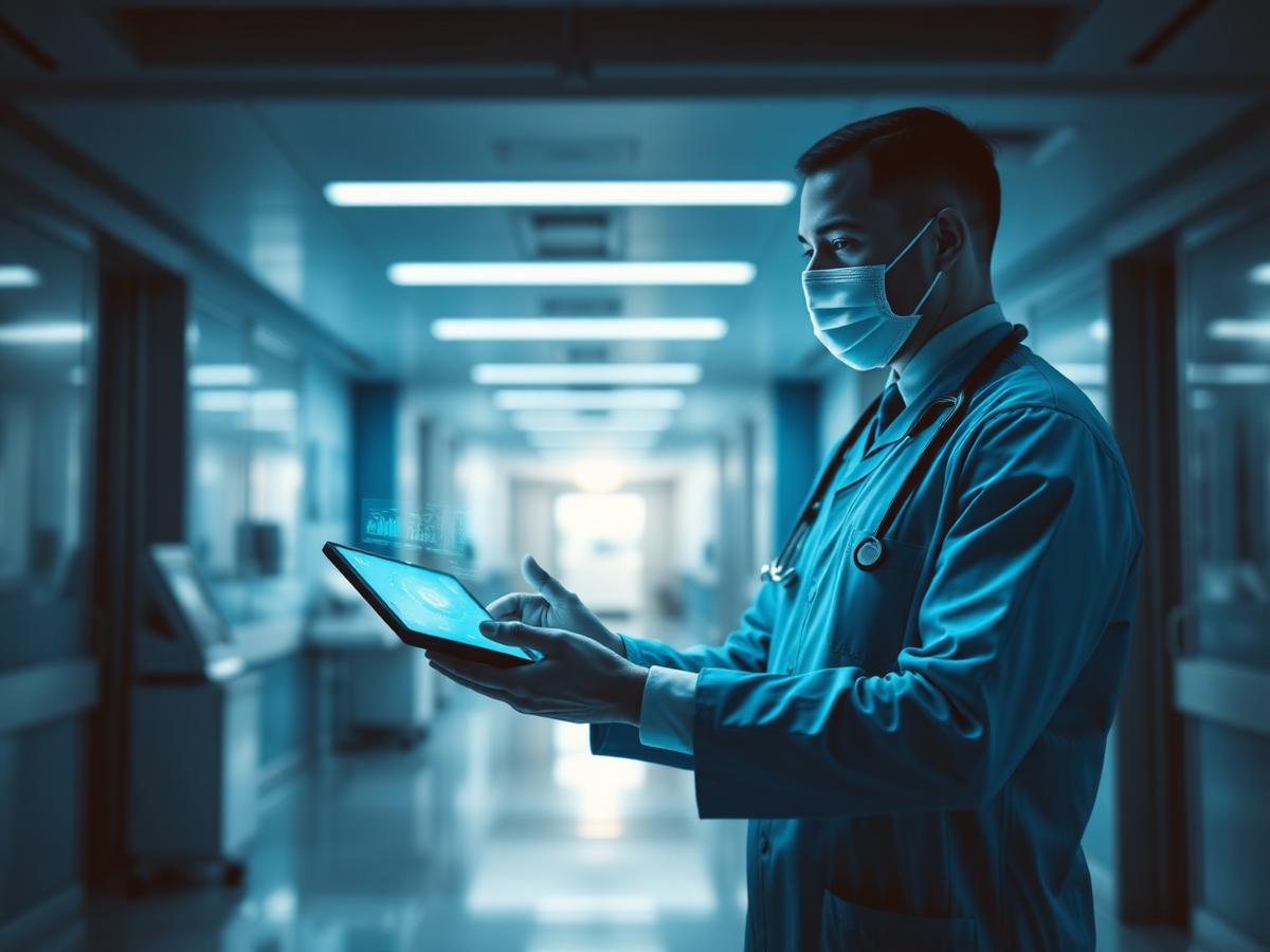 Clinician reviewing AI-assisted healthcare analytics on a tablet